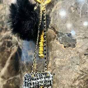 Chic Black and Gold Tweed Keychain Bag